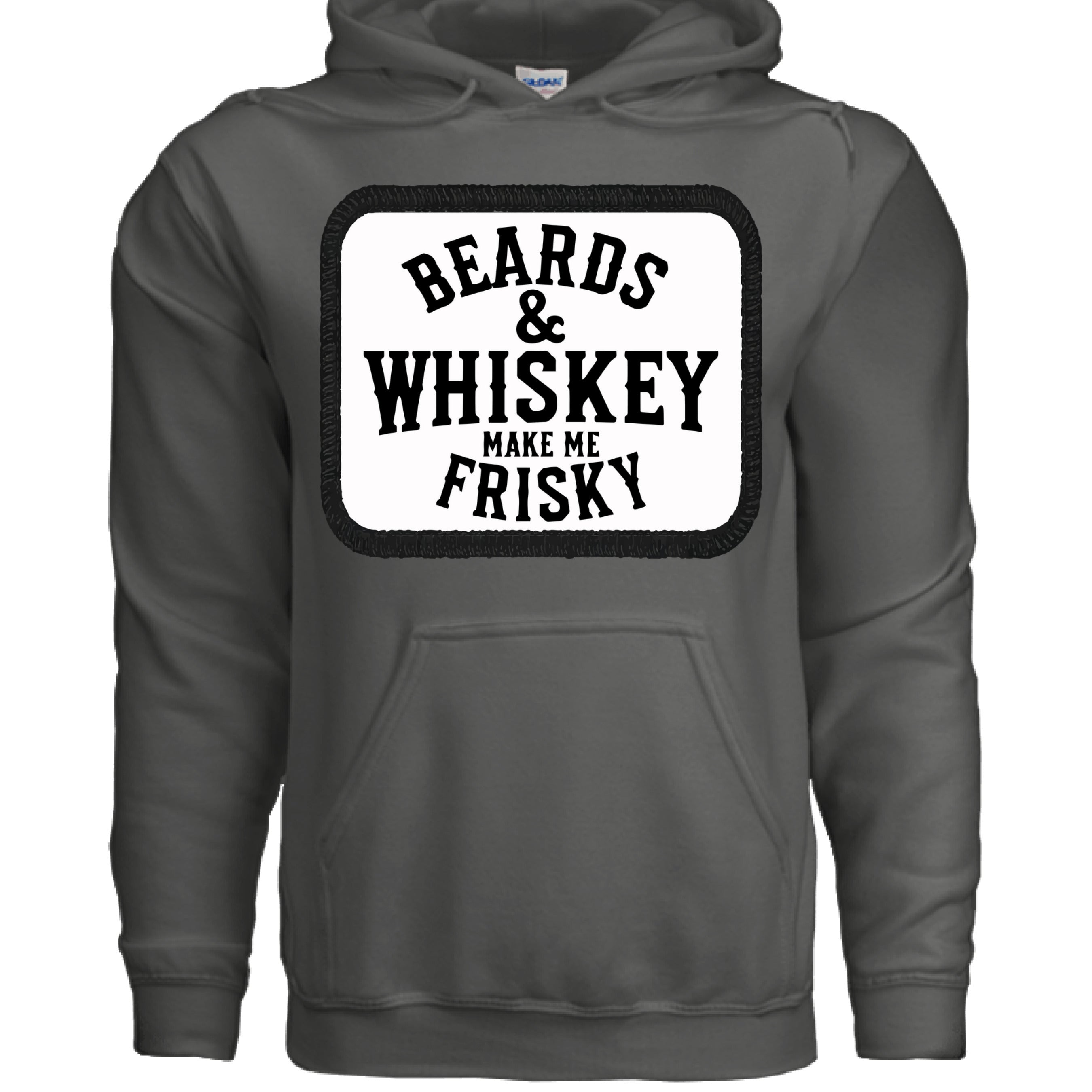 Beards & Whiskey Make Me Frisky Vintage Humor Hoodie front view , Beards & Whiskey Make Me Frisky Vintage Humor Hoodie graphic detail  ,Beards & Whiskey Make Me Frisky Vintage Humor Hoodie side angle,  Vintage humor beard whiskey hoodie close up
