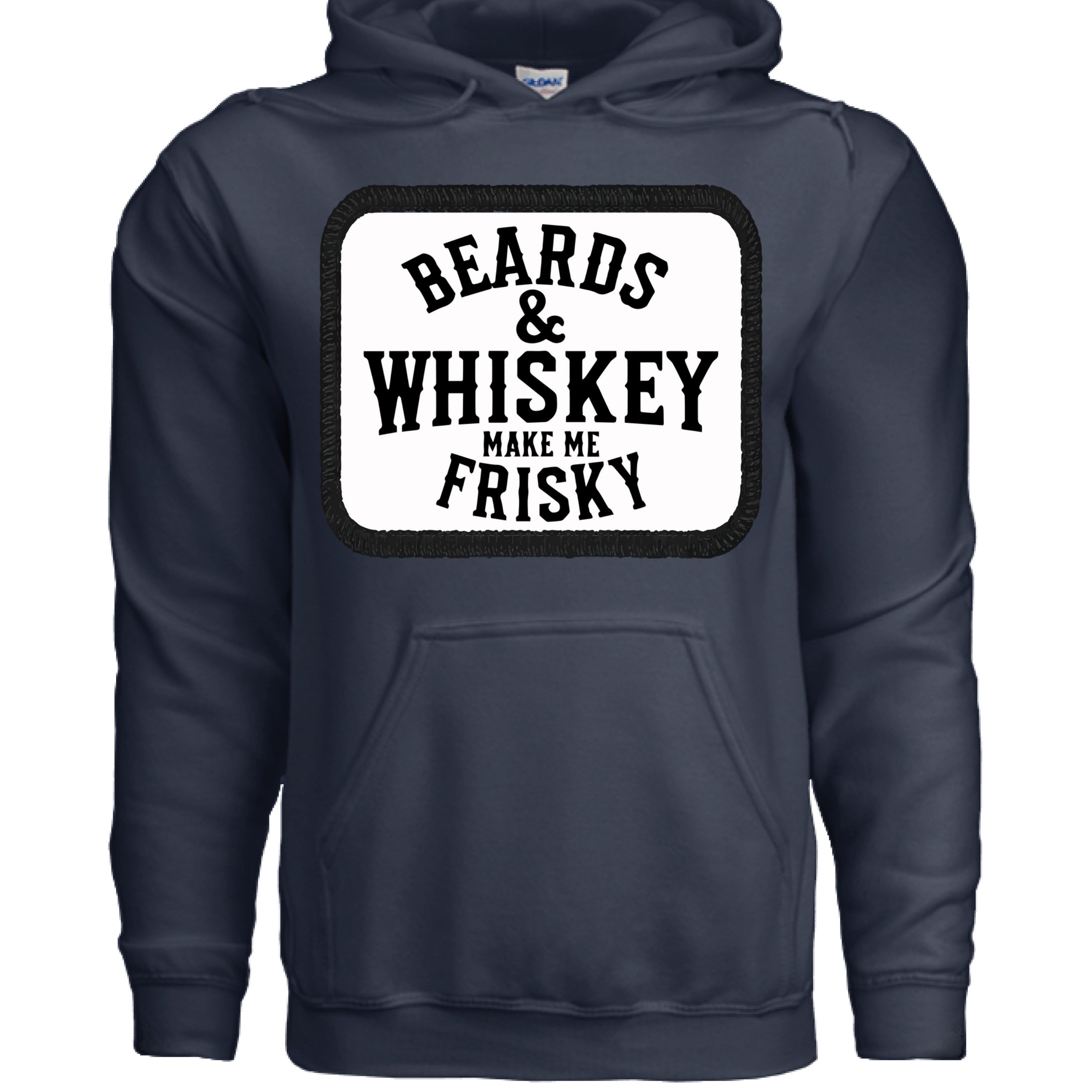 Beards & Whiskey Make Me Frisky Vintage Humor Hoodie front view , Beards & Whiskey Make Me Frisky Vintage Humor Hoodie graphic detail  ,Beards & Whiskey Make Me Frisky Vintage Humor Hoodie side angle,  Vintage humor beard whiskey hoodie close up