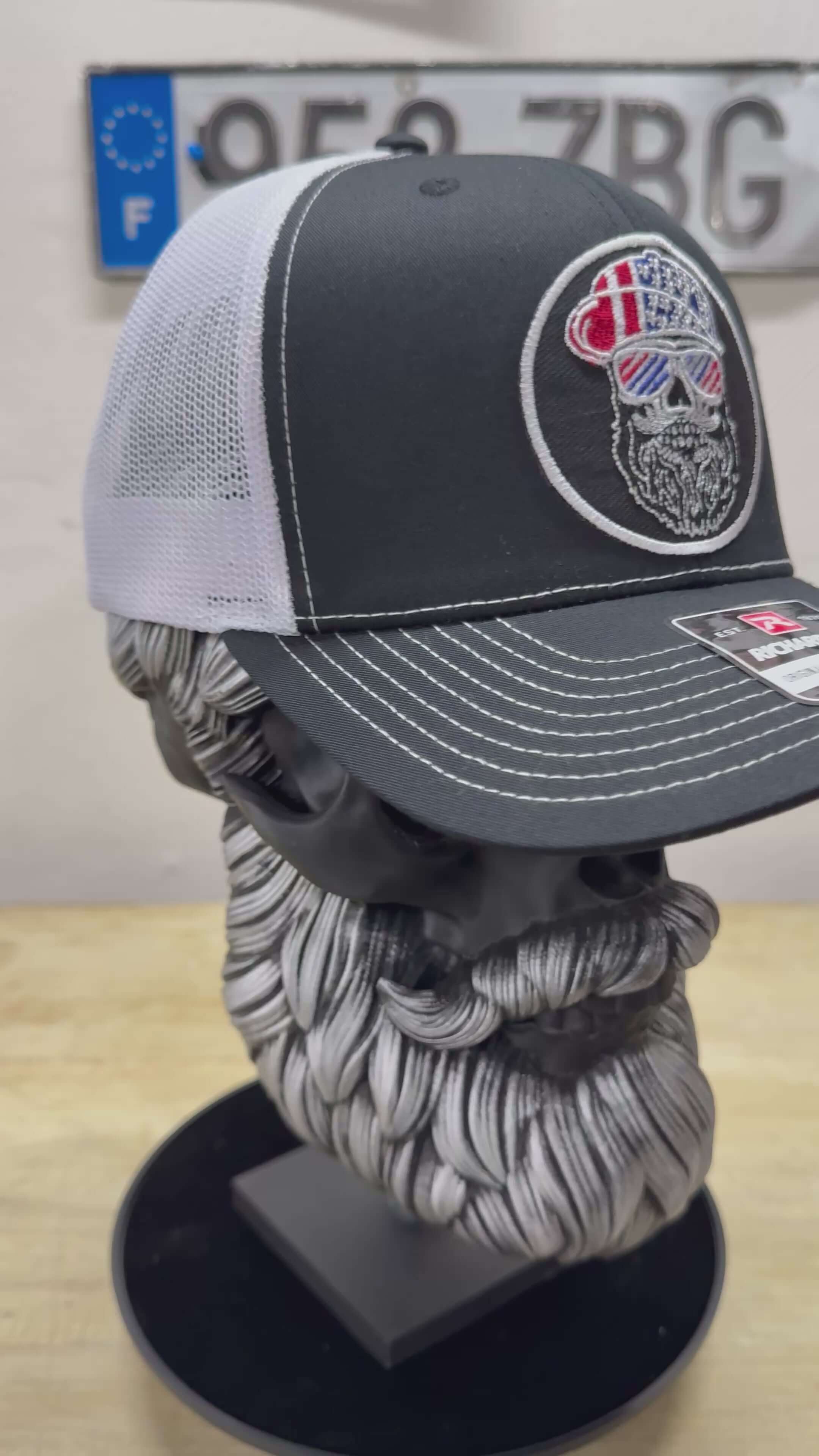 USA Bearded Skull Patriot Patch On Trucker Hat 