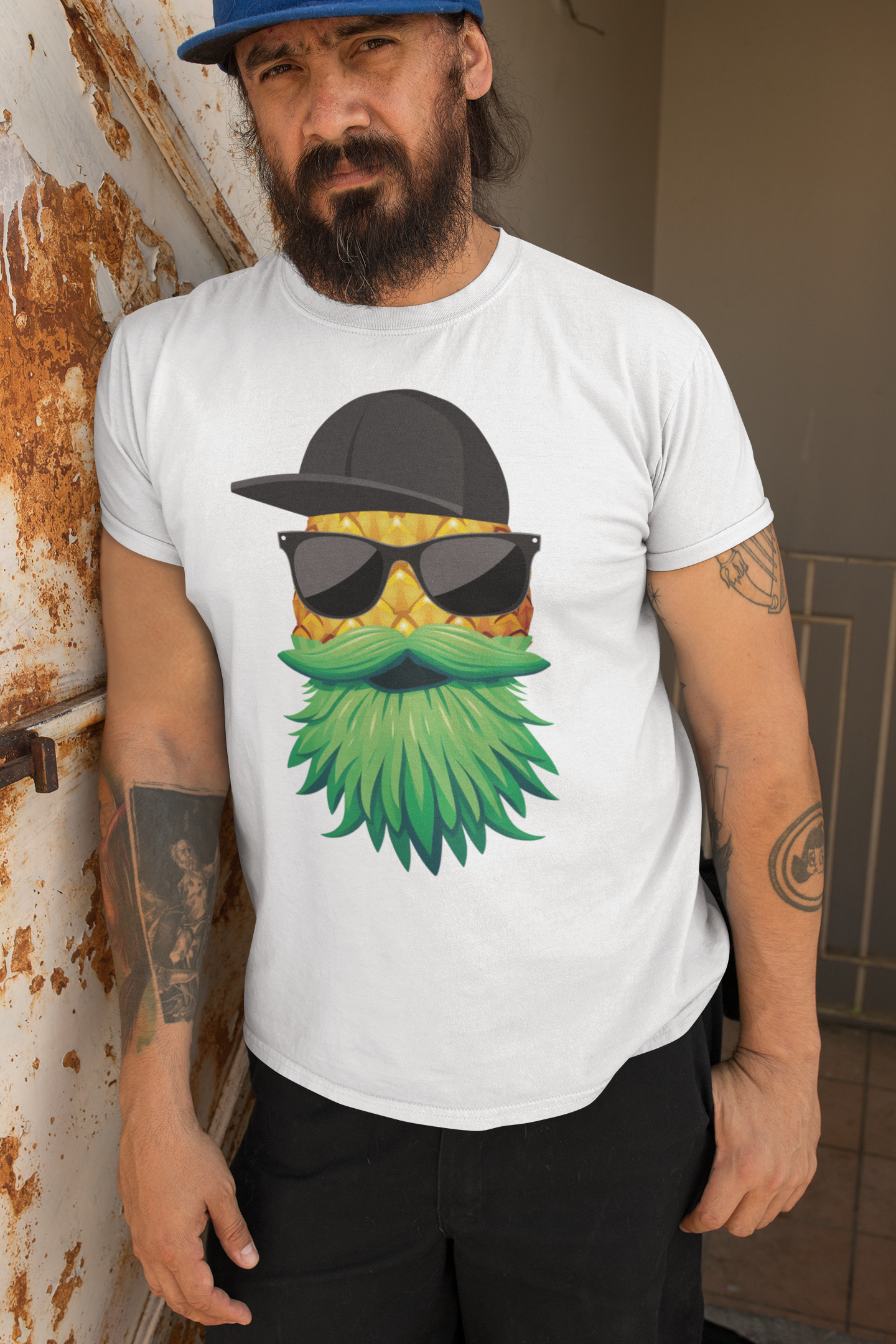 Bearded pineapple tee shirt featuring a cool pineapple character with a leafy beard and sunglasses for stylish guys.