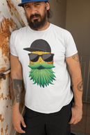 Man wearing a Tropical Swagger Bearded Cool Pineapple Character Tee Shirt with leafy beard and sunglasses.