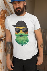 Man wearing a Tropical Swagger Bearded Cool Pineapple Character Tee Shirt with leafy beard and sunglasses.