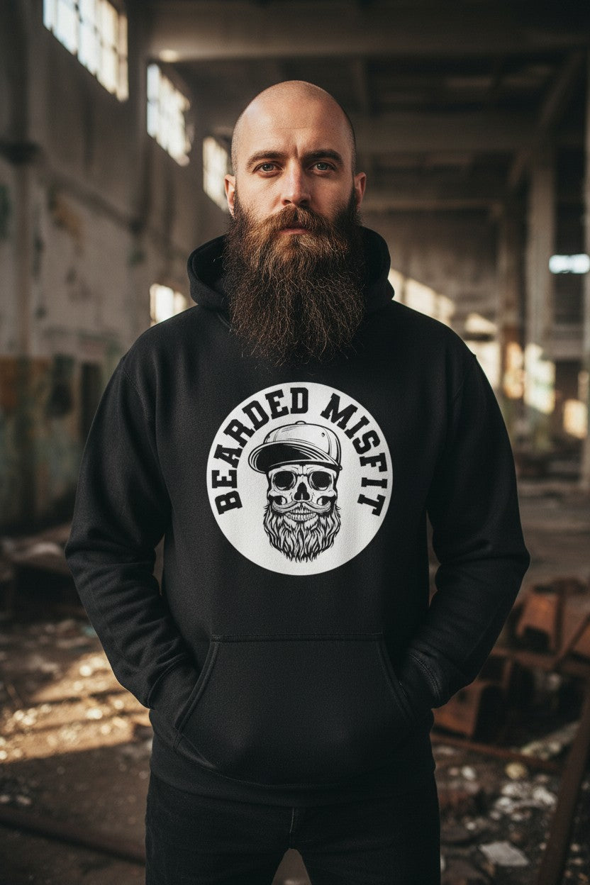 Bearded Misfit hoodie featuring a skull with a beard illustration in a gritty urban setting.