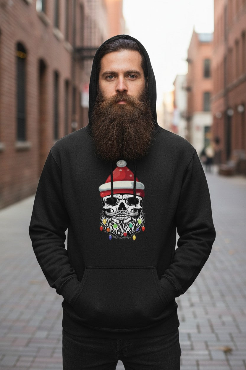Bearded Skull Christmas Santa Hoodie Beard with Holiday Lights