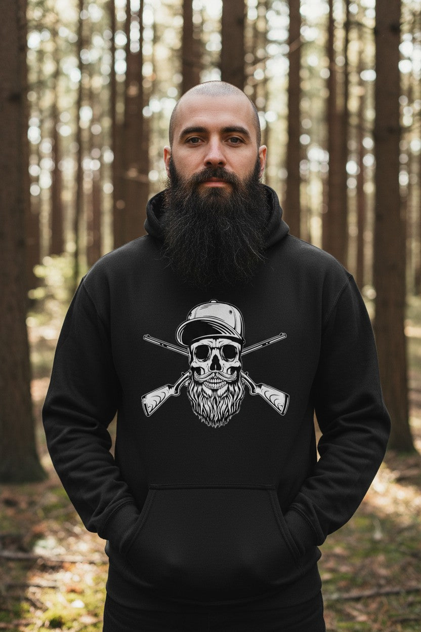 Bearded Skull Hunter with Crossed Shotguns Bold Vintage Beard Art Hoodie for Fearless Souls